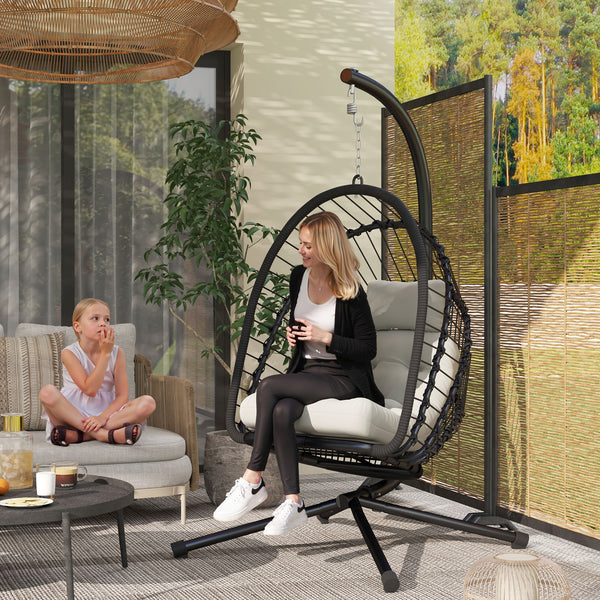 Outdoor PE Rattan Swing Chair with Cushion, Garden Foldable Basket Patio Hanging Egg Chair with Metal Stand, Headrest, for Indoor and Outdoor, Black
