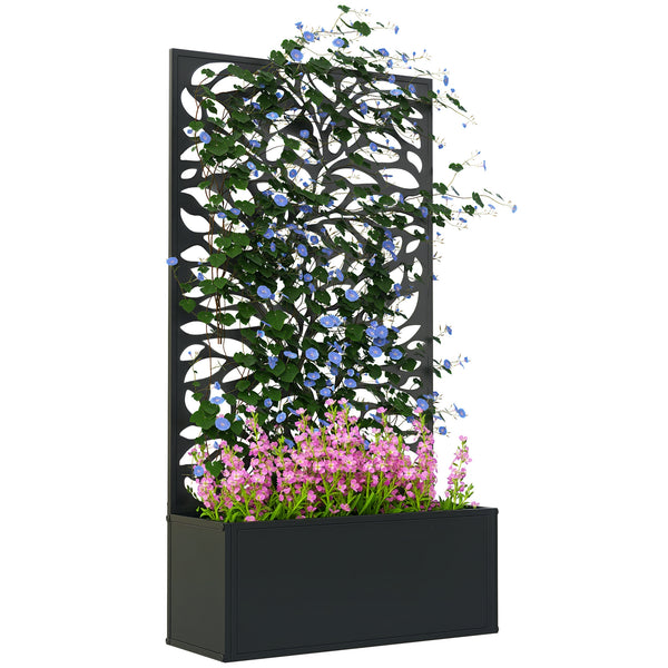Metal Raised Garden Bed with Trellis for Climbing Plants, Freestanding or Wall Mounted Flower Bed with Privacy Panel, Leaves Cut-Outs Outdoor Planter Box for Garden, Patio, Balcony