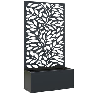 Metal Raised Garden Bed with Trellis for Climbing Plants, Freestanding or Wall Mounted Flower Bed with Privacy Panel, Leaves Cut-Outs Outdoor Planter Box for Garden, Patio, Balcony