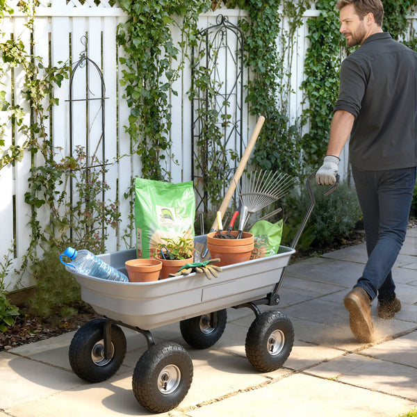 Steel Garden Cart with Handle and 10" Pneumatic Tires, Utility Wagon Cart for Garden, Patio, Lawn, 551 lbs Capacity, Grey