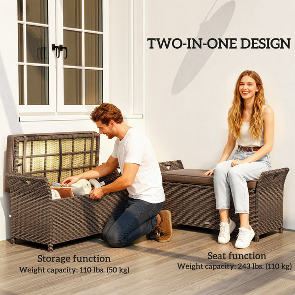 2-In-1 Patio Wicker Storage Bench, 29 Gallon Outdoor PE Rattan Patio Furniture, Large Capacity Rectangle Basket Box with Handles and Cushion, Tan
