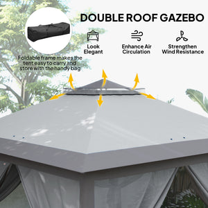 3.3 x 3.3m Pop Up Gazebo, Double Roof Foldable Canopy Tent with Zipped Mesh Sidewalls, Height Adjustable and Carrying Bag, Event Tent for Patio Garden, Grey