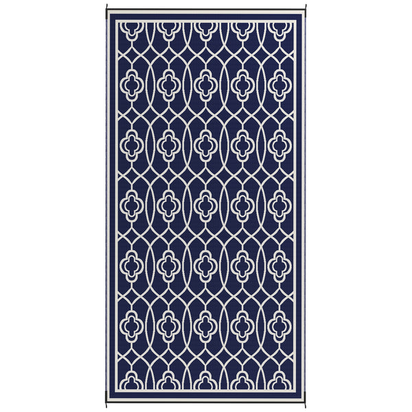 Outsunny Reversible Outdoor Rug, 9' x 18' Waterproof Plastic Straw Floor Mat, Portable RV Camping Carpet, Large Floor Mat for Backyard, Deck, Picnic, Beach, Blue & White Lantern