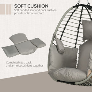 Outdoor Swing Chair with Thick Padded Cushion, Patio Hanging Egg Chair with Metal Stand, Foldable Basket, Cup Holder, Rope Structure for Indoor & Outdoor, Grey
