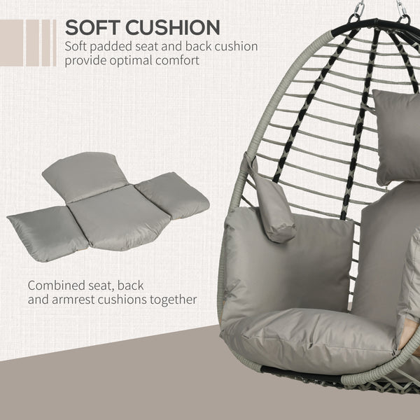 Outdoor Swing Chair with Thick Padded Cushion, Patio Hanging Egg Chair with Metal Stand, Foldable Basket, Cup Holder, Rope Structure for Indoor & Outdoor, Grey