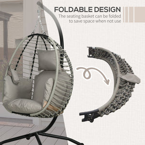Outdoor Swing Chair with Thick Padded Cushion, Patio Hanging Egg Chair with Metal Stand, Foldable Basket, Cup Holder, Rope Structure for Indoor & Outdoor, Grey