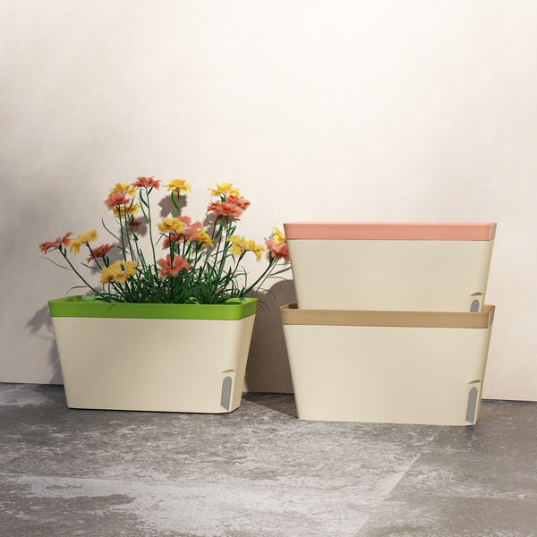 3 Pack Self Watering Planter Box, 10.5 Inch Outdoor Flower Pots with Water Level Indicator, Plastic Planter Pots for Herbs, Vegetables, Flowers, Succulents Plants