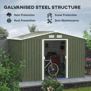 9 x 6ft Metal Garden Shed, Outdoor Storage Tool House with Ventilation Slots, Foundation Kit and Lockable Double Doors, Light Green