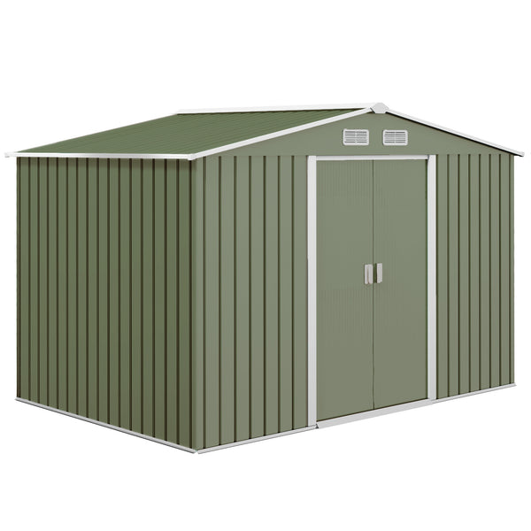 9 x 6ft Metal Garden Shed, Outdoor Storage Tool House with Ventilation Slots, Foundation Kit and Lockable Double Doors, Light Green