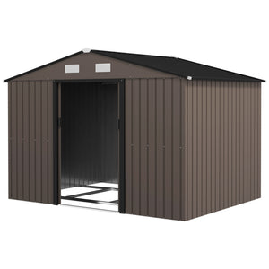 9 x 6ft Metal Garden Shed, Outdoor Storage Tool House with Ventilation Slots, Foundation Kit and Lockable Double Doors, Brown