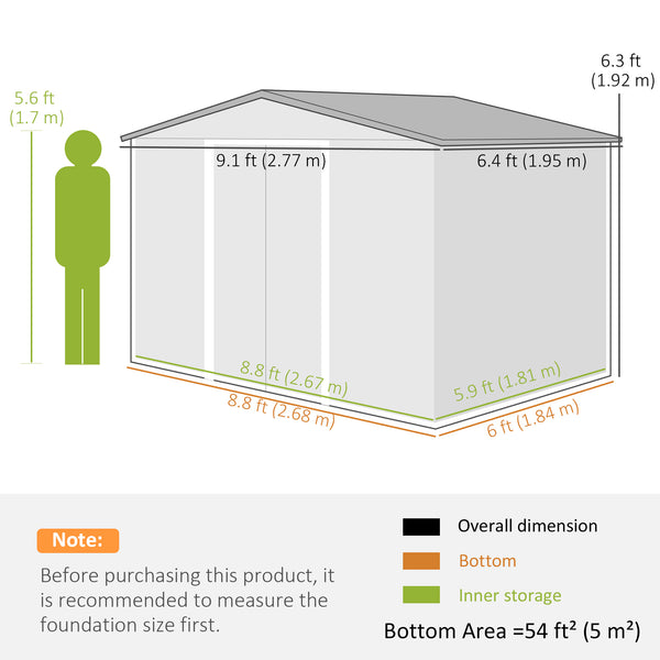9 x 6ft Metal Garden Shed, Outdoor Storage Tool House with Ventilation Slots, Foundation Kit and Lockable Double Doors, Brown