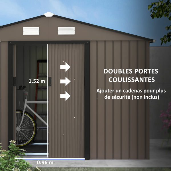 9 x 6ft Metal Garden Shed, Outdoor Storage Tool House with Ventilation Slots, Foundation Kit and Lockable Double Doors, Brown