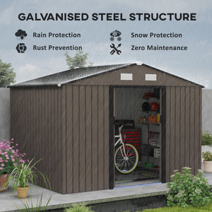 9 x 6ft Metal Garden Shed, Outdoor Storage Tool House with Ventilation Slots, Foundation Kit and Lockable Double Doors, Brown