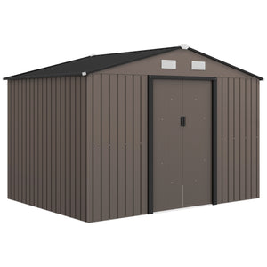 9 x 6ft Metal Garden Shed, Outdoor Storage Tool House with Ventilation Slots, Foundation Kit and Lockable Double Doors, Brown