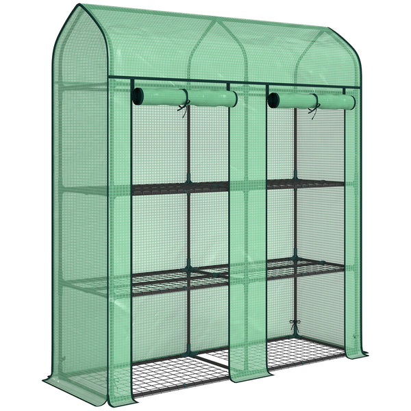 3 Tier Mini Greenhouse, 56.3" x 18.1" x 65" Small Portable Greenhouse with 2 Roll-up Doors, Garden Plant Growhouse with PE Cover for Indoor Outdoor, Green