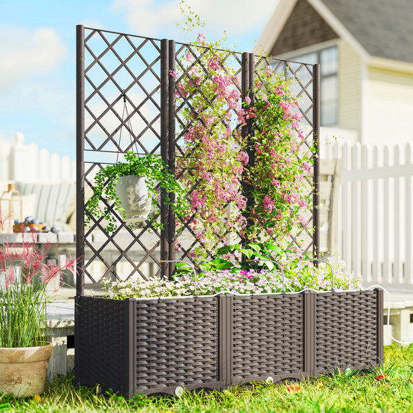 3PCS Plastic Planter Box with Trellis, Self-Watering Raised Garden Bed with Trellis and Automatic Watering Timer Kit, Outdoor Raised Planter with Drainage Holes, Plugs and Water Reservoir