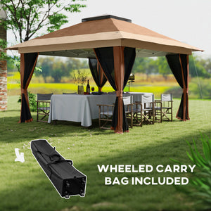 3.6 x 3.6m Pop Up Gazebo with Mesh Sides, UPF50+ Height Adjustable Party Tent Instant Event Shelter with Wheeled Carry Bag and Sand Bags for Garden, Patio, Brown