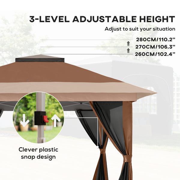 3.6 x 3.6m Pop Up Gazebo with Mesh Sides, UPF50+ Height Adjustable Party Tent Instant Event Shelter with Wheeled Carry Bag and Sand Bags for Garden, Patio, Brown