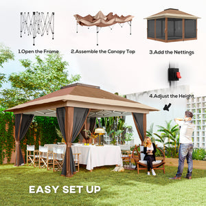 3.6 x 3.6m Pop Up Gazebo with Mesh Sides, UPF50+ Height Adjustable Party Tent Instant Event Shelter with Wheeled Carry Bag and Sand Bags for Garden, Patio, Brown
