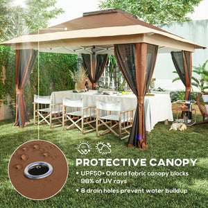3.6 x 3.6m Pop Up Gazebo with Mesh Sides, UPF50+ Height Adjustable Party Tent Instant Event Shelter with Wheeled Carry Bag and Sand Bags for Garden, Patio, Brown