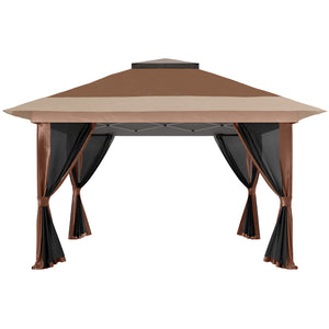 3.6 x 3.6m Pop Up Gazebo with Mesh Sides, UPF50+ Height Adjustable Party Tent Instant Event Shelter with Wheeled Carry Bag and Sand Bags for Garden, Patio, Brown