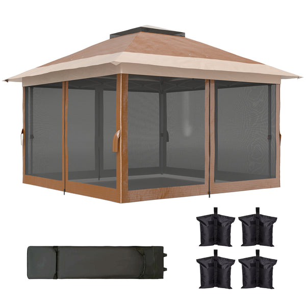 3.6 x 3.6m Pop Up Gazebo with Mesh Sides, UPF50+ Height Adjustable Party Tent Instant Event Shelter with Wheeled Carry Bag and Sand Bags for Garden, Patio, Brown