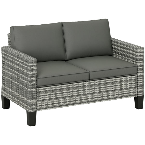 2 Seater Rattan Sofa with Cushions, Wicker Garden Loveseat with Armrests, Outdoor Garden Sofa Couch with Steel Frame for Balcony, Porch, Light Grey