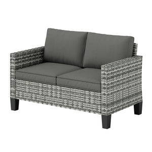 2 Seater Rattan Sofa with Cushions, Wicker Garden Loveseat with Armrests, Outdoor Garden Sofa Couch with Steel Frame for Balcony, Porch, Light Grey