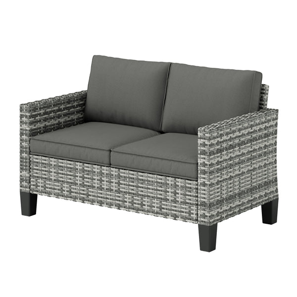 2 Seater Rattan Sofa with Cushions, Wicker Garden Loveseat with Armrests, Outdoor Garden Sofa Couch with Steel Frame for Balcony, Porch, Light Grey