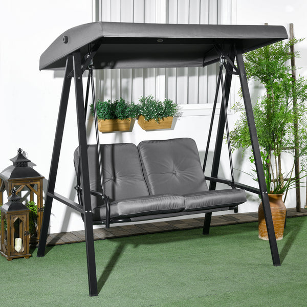 2 Seater Garden Swing Chair with Adjustable Tilting Canopy, Outdoor Hammock Bench with Steel Frame for Patio, Dark Grey