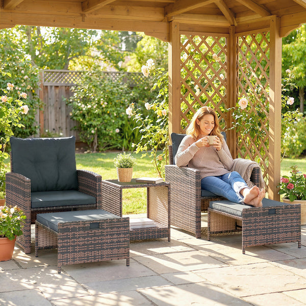 5 Piece Patio Furniture Set, Wicker Patio Chairs with Ottomans, 2-Tier Glass Coffee Table, Cushions, Outdoor Patio Furniture Conversation Set for Balcony, Brown/Dark Grey