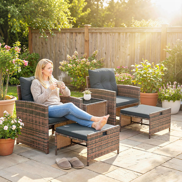 5 Piece Patio Furniture Set, Wicker Patio Chairs with Ottomans, 2-Tier Glass Coffee Table, Cushions, Outdoor Patio Furniture Conversation Set for Balcony, Brown/Dark Grey