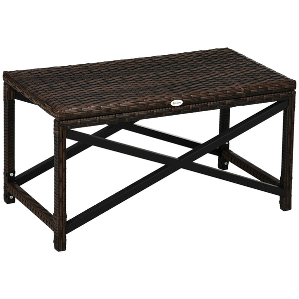 Outdoor Coffee Table, Garden PE Rattan Side Table with Plastic Board Under the Full Woven Table Top and X-Shape Frame for Patio, Balcony, Mixed Brown