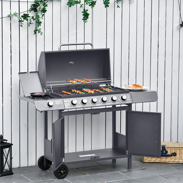 6+1 Burner Gas BBQ Grill, Outdoor Barbecue Trolley with Wheels, Warming Rack, Side Shelves, Cabinet, Thermometer for Garden, Party, Camping, 135 x 51.5 x 100cm, Grey