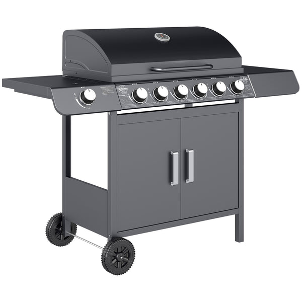 6+1 Burner Gas BBQ Grill, Outdoor Barbecue Trolley with Wheels, Warming Rack, Side Shelves, Cabinet, Thermometer for Garden, Party, Camping, 135 x 51.5 x 100cm, Grey