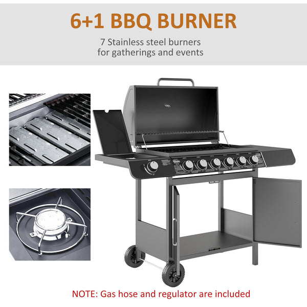 6+1 Burner Gas BBQ Grill, Outdoor Barbecue Trolley with Wheels, Warming Rack, Side Shelves, Cabinet, Thermometer for Garden, Party, Camping, 135 x 51.5 x 100cm, Grey
