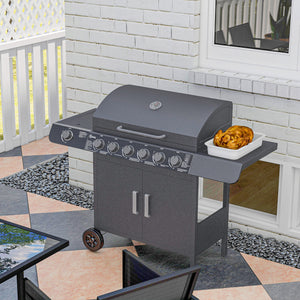 6+1 Burner Gas BBQ Grill, Outdoor Barbecue Trolley with Wheels, Warming Rack, Side Shelves, Cabinet, Thermometer for Garden, Party, Camping, 135 x 51.5 x 100cm, Grey