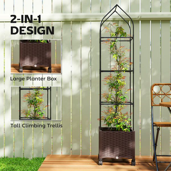 Raised Garden Bed with Trellis, Tomato Cage with Lockable Wheels, Self Watering Planter Box with Drainage Holes and Plugs for Outdoor Patio Climbing Plants, Vines, Vegetables, Flowers, Brown