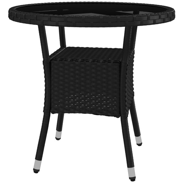 Φ31.5" Outdoor Wicker Dining Table, PE Rattan Patio Furniture with 2-Tier Storage Shelf, Metal Frame Round Garden Table with Glass Top Table, Black