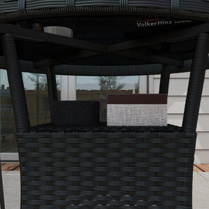 Φ31.5" Outdoor Wicker Dining Table, PE Rattan Patio Furniture with 2-Tier Storage Shelf, Metal Frame Round Garden Table with Glass Top Table, Black