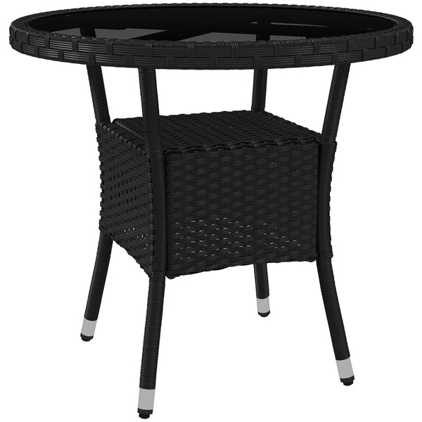 Φ31.5" Outdoor Wicker Dining Table, PE Rattan Patio Furniture with 2-Tier Storage Shelf, Metal Frame Round Garden Table with Glass Top Table, Black