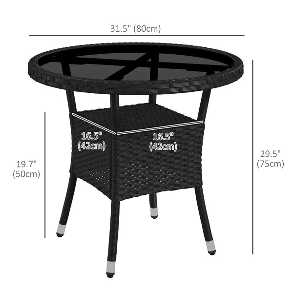 Φ31.5" Outdoor Wicker Dining Table, PE Rattan Patio Furniture with 2-Tier Storage Shelf, Metal Frame Round Garden Table with Glass Top Table, Black
