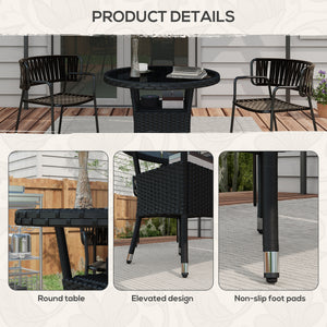 Φ31.5" Outdoor Wicker Dining Table, PE Rattan Patio Furniture with 2-Tier Storage Shelf, Metal Frame Round Garden Table with Glass Top Table, Black