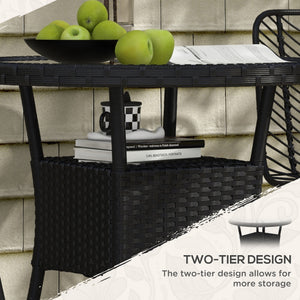 Φ31.5" Outdoor Wicker Dining Table, PE Rattan Patio Furniture with 2-Tier Storage Shelf, Metal Frame Round Garden Table with Glass Top Table, Black