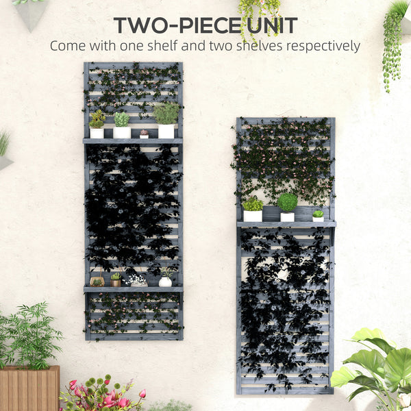 2-pieces Outdoor Plant Stands with Hanging Planter Shelves and Slatted Trellis for Climbing Plants, 170cm Wall Mount Wooden Plant Rack for Patio, Balcony, Porch, Grey