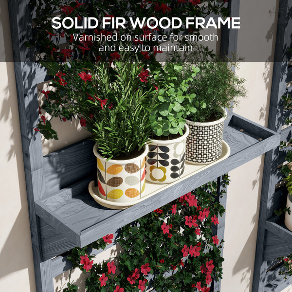 2-pieces Outdoor Plant Stands with Hanging Planter Shelves and Slatted Trellis for Climbing Plants, 170cm Wall Mount Wooden Plant Rack for Patio, Balcony, Porch, Grey