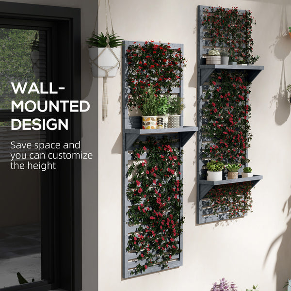 2-pieces Outdoor Plant Stands with Hanging Planter Shelves and Slatted Trellis for Climbing Plants, 170cm Wall Mount Wooden Plant Rack for Patio, Balcony, Porch, Grey