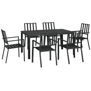 7 Pieces Garden Dining Set, Outdoor Patio Table and 6 Stackable Chairs, Metal Top Table with Umbrella Hole, Black
