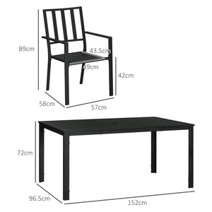 7 Pieces Garden Dining Set, Outdoor Patio Table and 6 Stackable Chairs, Metal Top Table with Umbrella Hole, Black