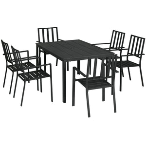 7 Pieces Garden Dining Set, Outdoor Patio Table and 6 Stackable Chairs, Metal Top Table with Umbrella Hole, Black